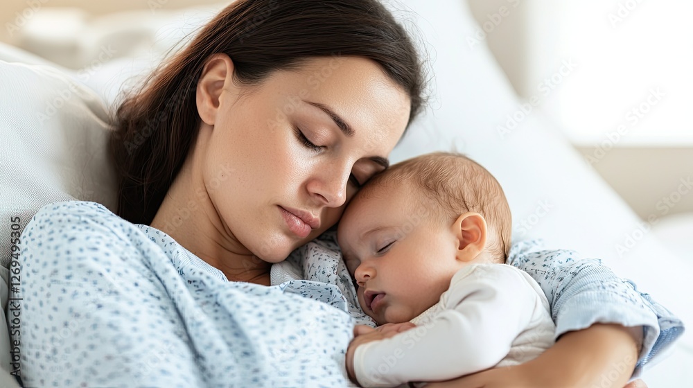 A mother lovingly holds her sleeping baby, embodying tenderness and connection in a serene indoor setting. A mother lovingly holds her sleeping baby, embodying tenderness and connection in a serene indoor setting.