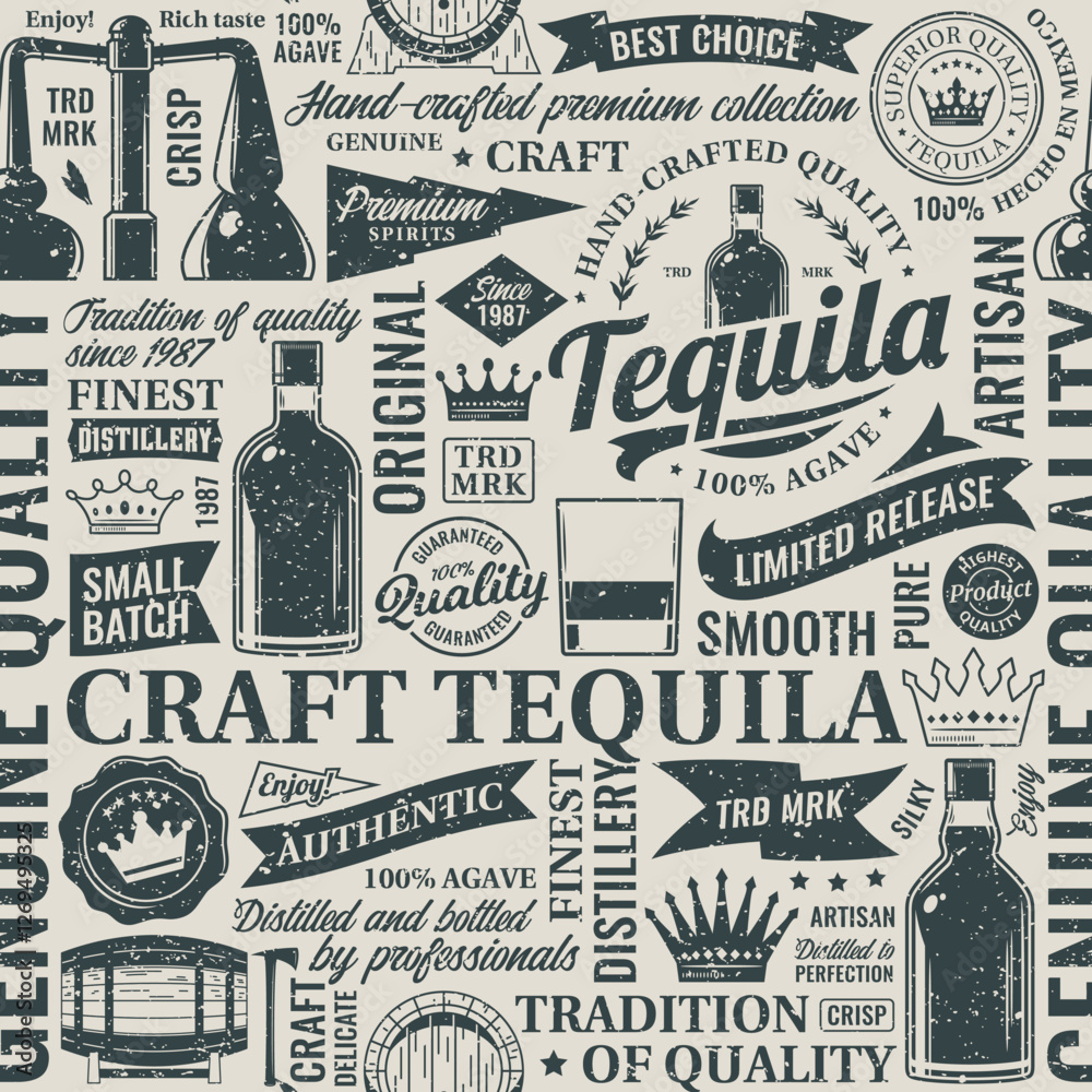 Fototapeta premium Vintage aged worn tequila seamless pattern or background. Tequila and distillery icons, branding and design elements