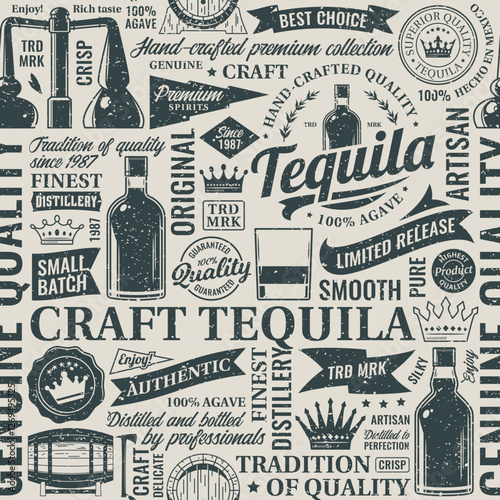 Vintage aged worn tequila seamless pattern or background. Tequila and distillery icons, branding and design elements