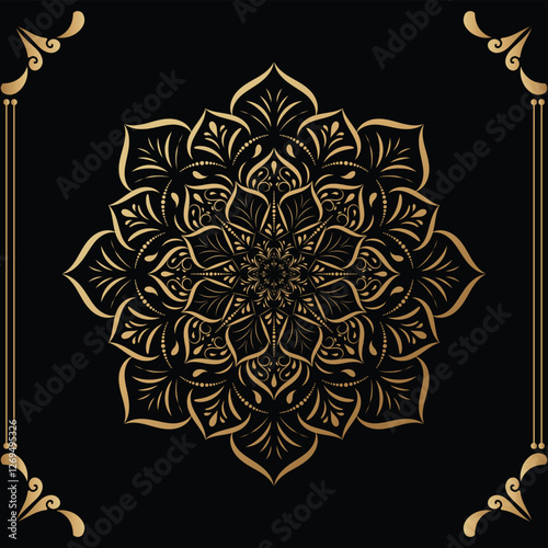 Luxury mandala design black background in gold color