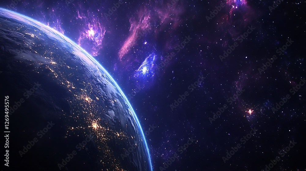 Fototapeta premium Earth City Lights Amidst Cosmic Nebulae Galaxy Space Scenery Night Celestial Phenomenon