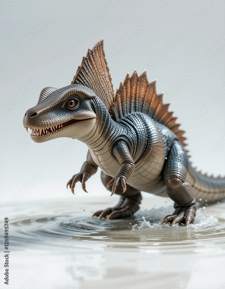 Fototapeta premium Baby Spinosaurus Wading Through Shallow, Imaginary Water 