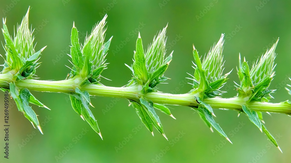 Close-Up of Thorny Plant Stem with Fresh Green Leaves Close-Up of Thorny Plant Stem with Fresh Green Leaves