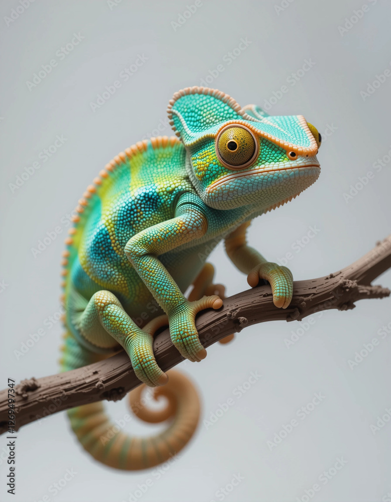 Obraz premium Baby Chameleon Sitting on an Invisible Branch with Bright Colors