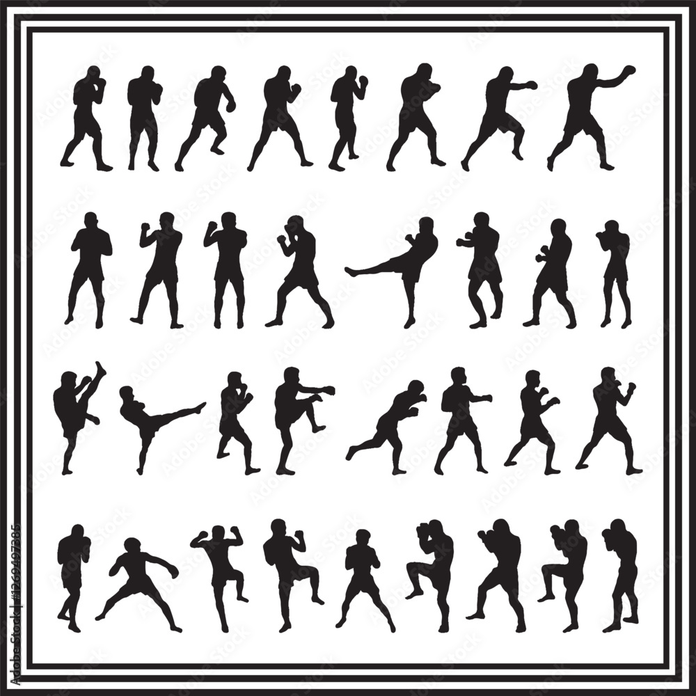 Comprehensive Set of Muay Thai Fighting Silhouettes Comprehensive Set of Muay Thai Fighting Silhouettes