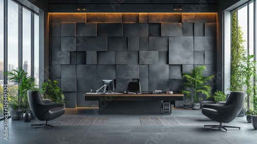 Sleek high-tech office with a geometric cyberpunk-style wall texture