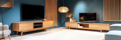 Modern Living Room with Wooden Furniture and Televisions