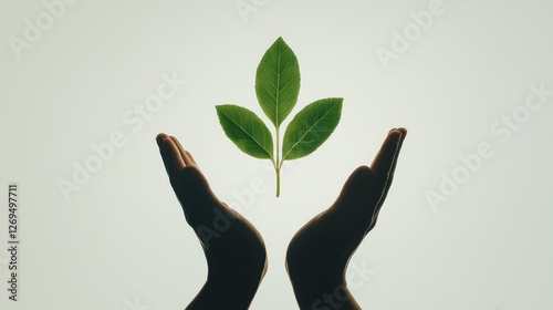 Nurturing growth hands supporting a green plant nature setting minimalist viewpoint eco-concept photo