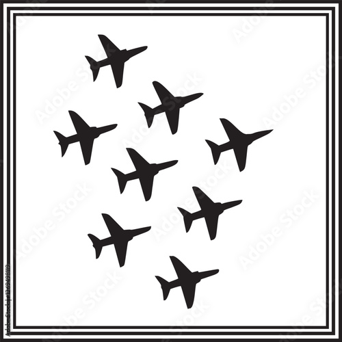 Black silhouettes of planes in a formation.