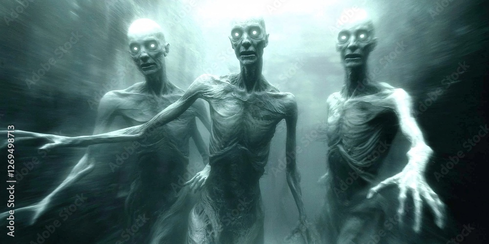 eerie specters emerging from the shadows in a haunting underwater scene