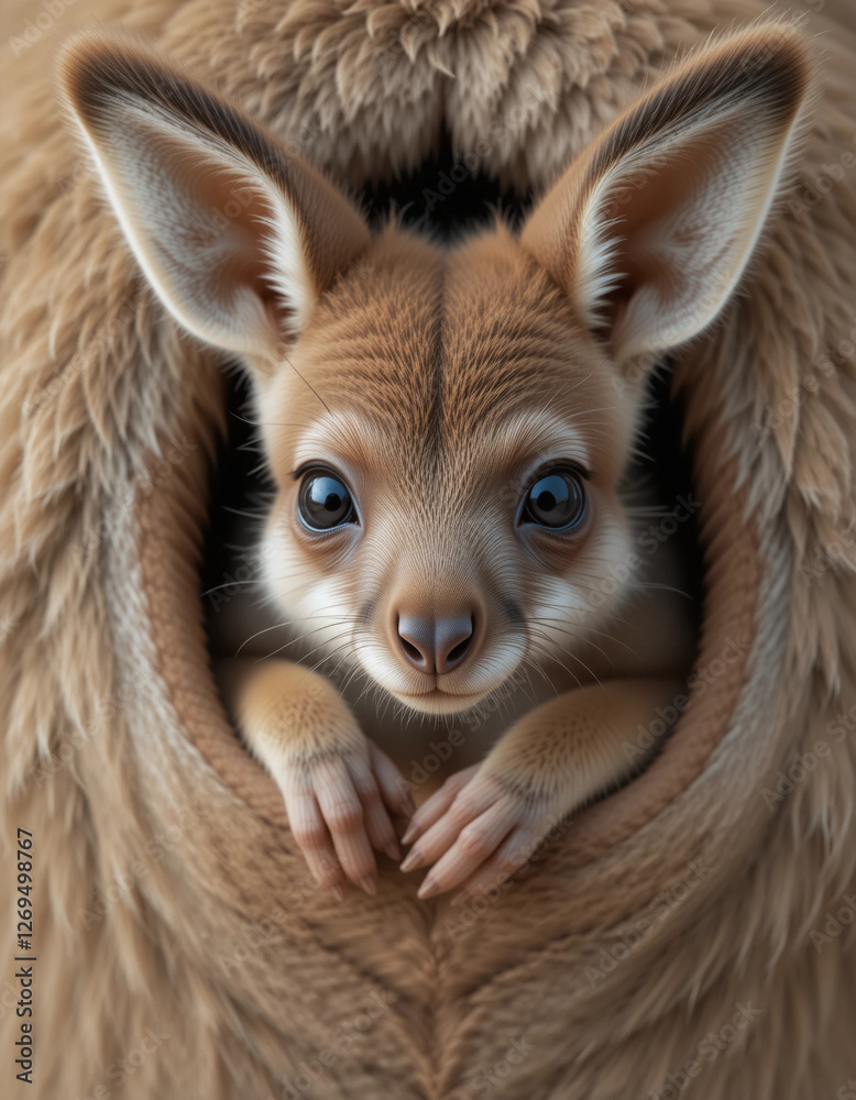Obraz premium Baby Kangaroo (Joey) Peeking Out from Its Mother's Pouch