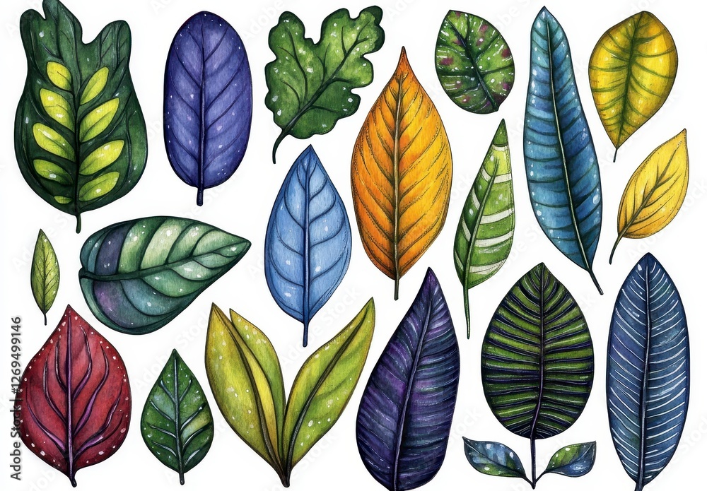 Fototapeta premium Vibrant watercolor illustration of diverse leaves in various colors and patterns, showcasing a collection of unique foliage designs against a plain