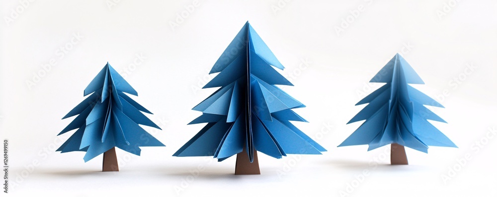 Obraz premium Three varying-sized blue origami christmas trees placed on a white backdrop
