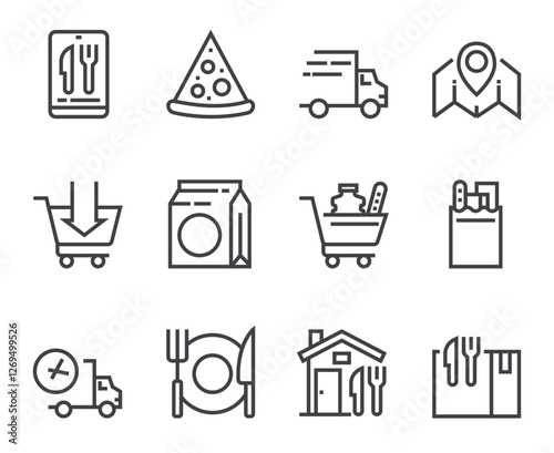 Food delivery isolated icon set. Vector flat cartoon graphic design