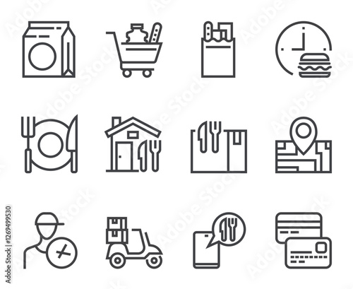 Food delivery isolated icon set. Vector flat cartoon graphic design