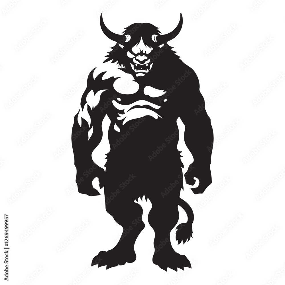 Obraz premium Oni silhouette, a mythological warrior of ancient chaos - Oni illustration - Minimalist Oni vector - Mythical creature silhouette 