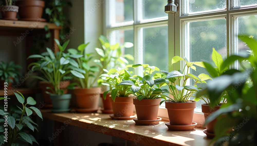 Sunlit Windowsill Garden with Terracotta Pots Creating a Peaceful Home Atmosphere Sunlit Windowsill Garden with Terracotta Pots Creating a Peaceful Home Atmosphere