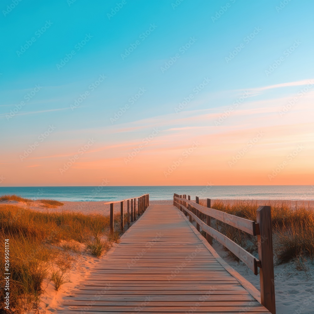 Serene beach boardwalk sunset scene. Serene beach boardwalk sunset scene.