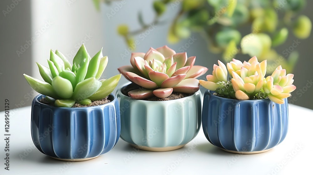 Three succulents in decorative pots on a white table. Three succulents in decorative pots on a white table.
