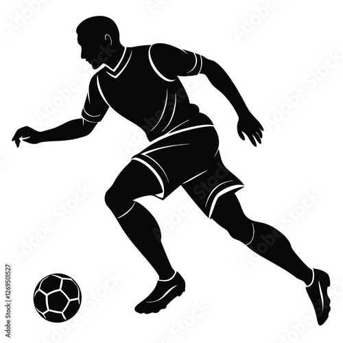 black silhouette of a football player dribbling the ball,