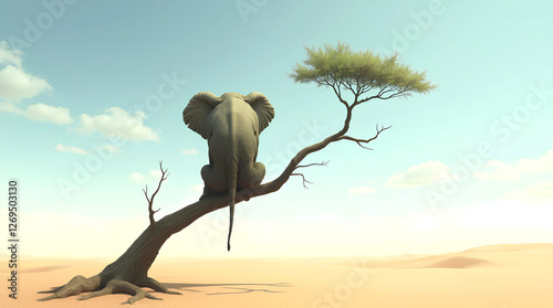 Lonely elephant on tree in the desert wild, surreal solitude of big animal relax lonely on Namibia wildlife zoo at sunset, fantasy heavy powerful animals