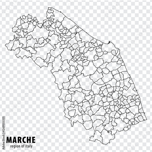 Blank map Marche of Italy. High quality map Region Marche with municipalities on transparent background for your web site design, logo, app, UI.  EPS10.