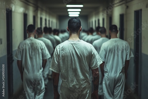 A group of men in white uniforms walks down a long, narrow hallway in a prison, emphasizing the sense of confinement and routine. Generative AI photo