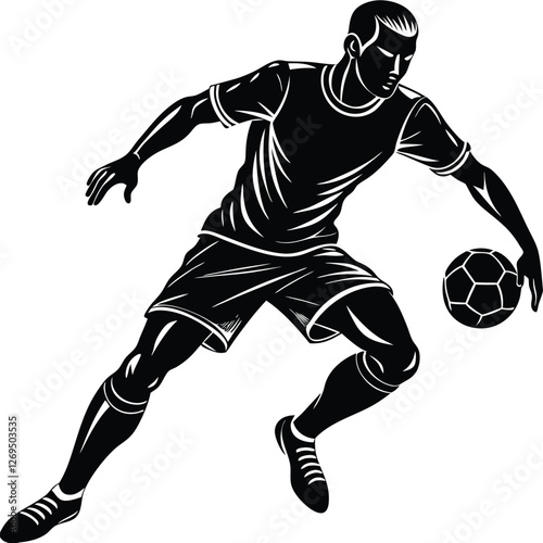 black silhouette of a football player dribbling the ball,