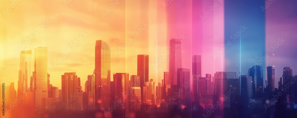 Obraz premium A vibrant city skyline at sunset, showcasing colorful hues of orange, pink, and blue, creating a stunning visual contrast against the buildings.
