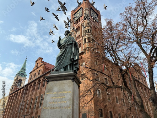 Pomnik Mikołaja Kopernika, ratusz, posąg astronoma w Toruniu. Lecące gołębie. Rynek toruński, miejsce na tekst.