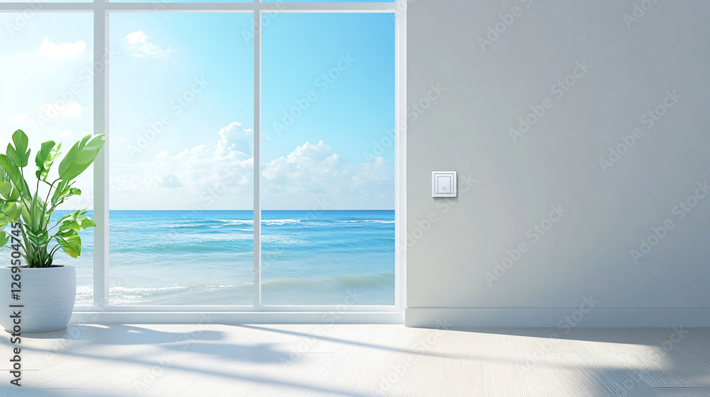 Fototapeta premium Bright and Fresh Interior with Ocean View and Green Plant