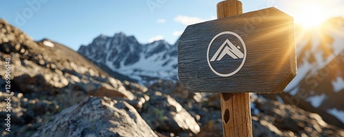 A wooden signpost with a mountain logo stands against a breathtaking mountain backdrop, illuminated by the warm glow of the morning sun. photo