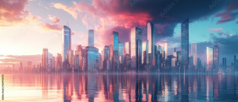 Fototapeta premium Modern skyline with sunset reflection.