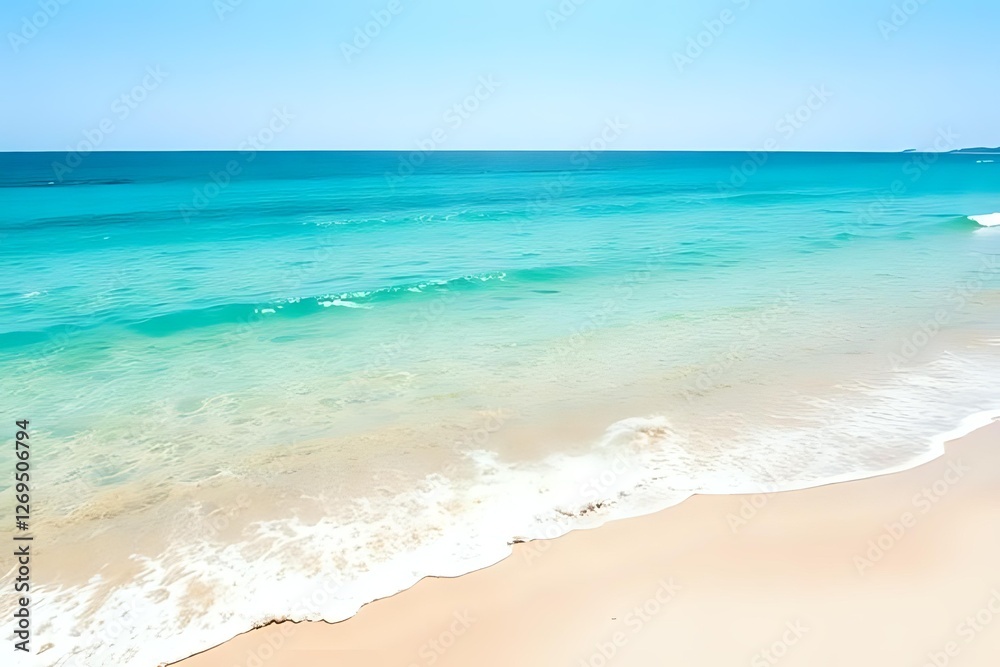 A breathtaking view of a turquoise ocean with crystal-clear waves gently lapping against white sandy shores, under a bright sunny sky A breathtaking view of a turquoise ocean with crystal-clear waves gently lapping against white sandy shores, under a bright sunny sky