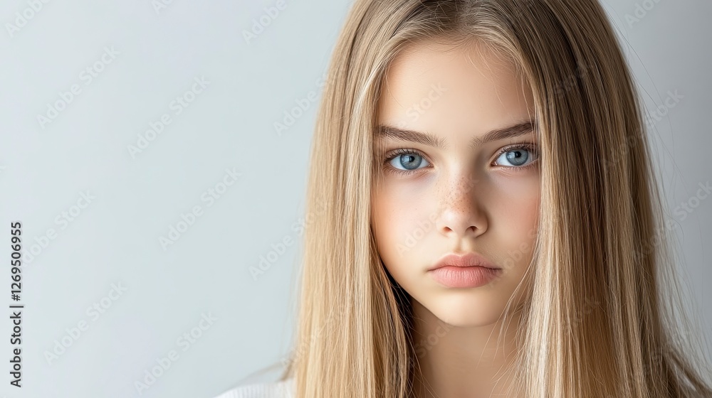 Naklejka premium Close up portrait of a young person with long blond hair and blue eyes, fair skin and freckles. Soft natural lighting, neutral background. Serene and