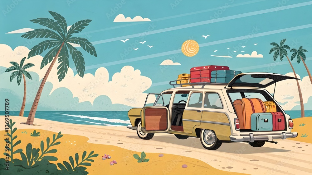 Fototapeta premium Beach Vacation Road Trip – Loaded Car Trunk with Suitcases in a Tropical Seaside Scene