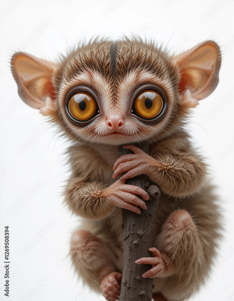 Fototapeta premium Baby Tarsier Clinging to an Invisible Perch with Wide Eyes 