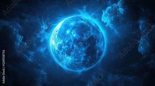 Glowing Blue Planet in Cosmic Nebula Space