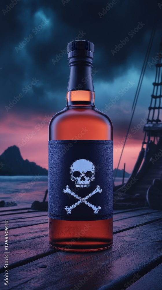 Nautical Themed Rum Bottle with Skull Design Against Ocean Sunset Nautical Themed Rum Bottle with Skull Design Against Ocean Sunset