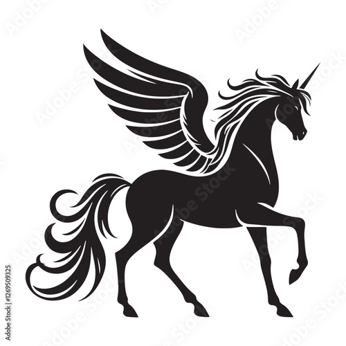 Glowing Pegasus silhouette, a mythical emblem of grace - Pegasus illustration - Minimalist Pegasus vector - Mythical creature silhouette
