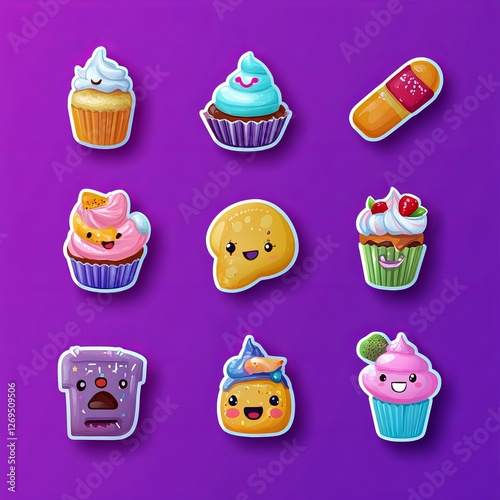 Sweet Treats Parade: Adorable Desserts Bursting with Joy on Vibrant Purple Canvas