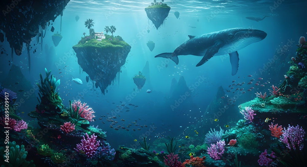 Obraz premium Whale Swimming in a Fantasy Underwater World with Floating Islands