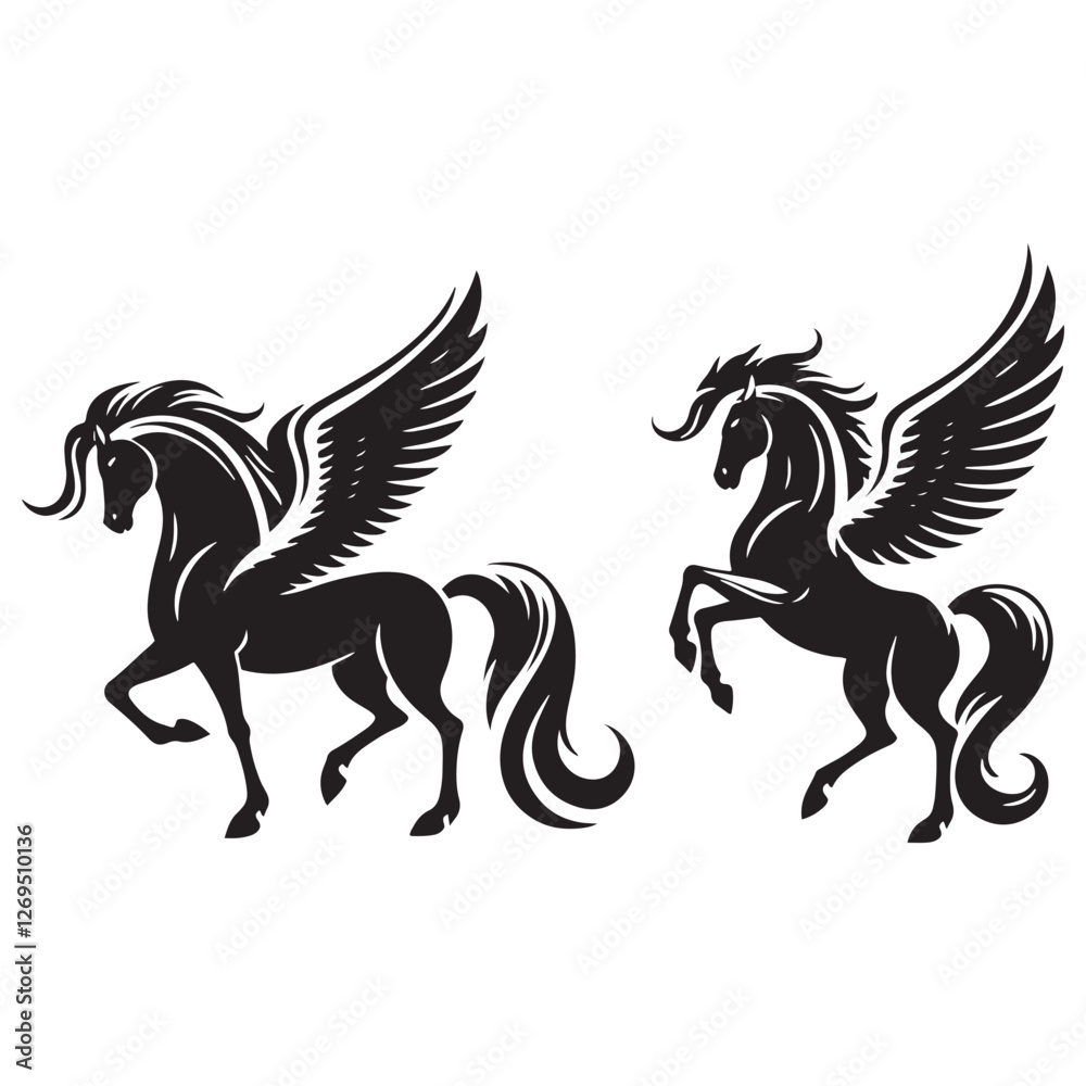 Silhouette of a mystical Pegasus soaring high - Pegasus illustration - Minimalist Pegasus vector - Mythical creature silhouette
Silhouette of a mystical Pegasus soaring high - Pegasus illustration - Minimalist Pegasus vector - Mythical creature silhouette