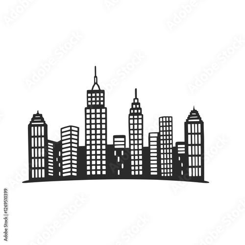 Urban skyline panorama. Cityscape with towering skyscrapers. Downtown vista featuring modern architecture. Government buildings and urban structures. Illustration of bustling city life and metropolita