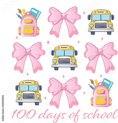 100 days of school Coquette bow EPS Vector, pencil EPS Vector, 100th day of school kindergarten EPS Vector, Coquette pincel EPS Vector, gamer EPS Vector, construction EPS Vector, polka dot EPS Vector,