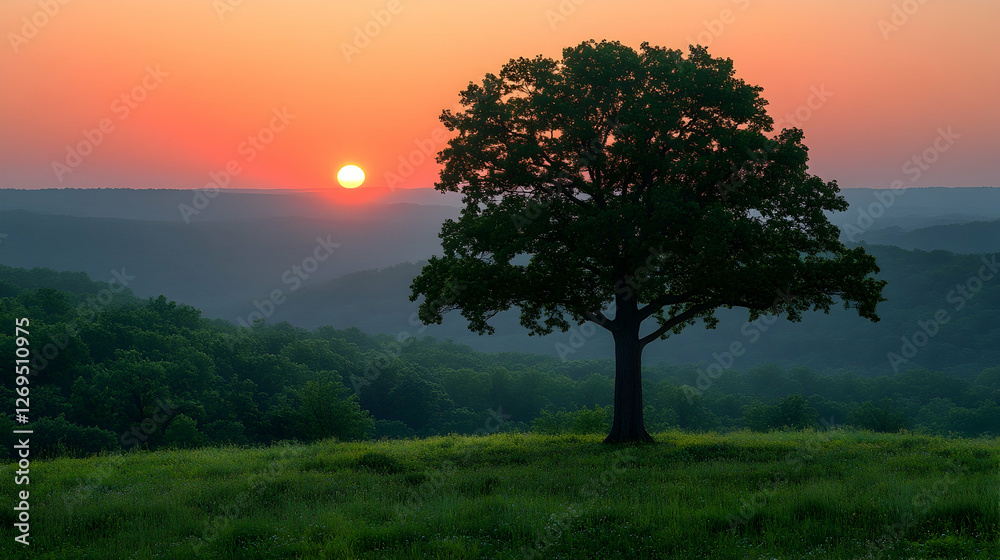 Fototapeta premium Sunrise over rolling hills, lone tree silhouette, peaceful dawn landscape, nature photography