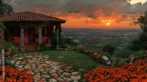 Sunset view from hilltop villa garden. Peaceful evening scene, ideal for travel or real estate