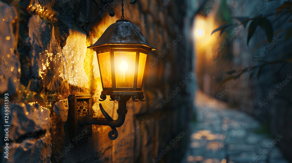 A rustic wall-mounted lantern glowing softly in an old stone hallway, with a wide-angle view of the blurred interior. A rustic wall-mounted lantern glowing softly in an old stone hallway, with a wide-angle view of the blurred interior.
