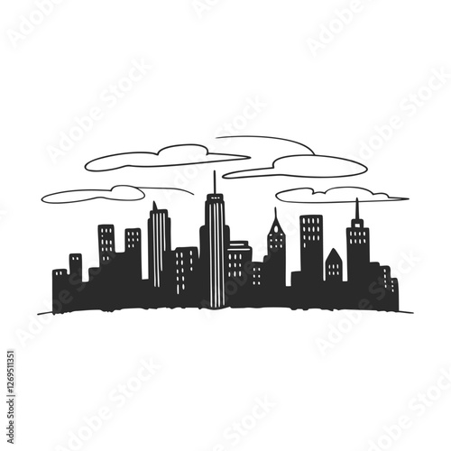 City skyline silhouette. Urban downtown landscape featuring towering skyscrapers. Panoramic architecture with government buildings. Illustration of bustling urban life and modern cityscapes.