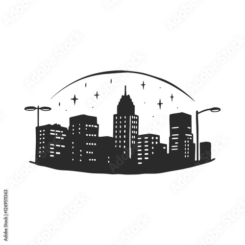 City skyline silhouette. Urban downtown landscape featuring towering skyscrapers. Panoramic architecture with government buildings. Illustration of bustling urban life and modern cityscapes.